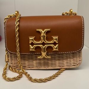 NWT- Tory Burch Eleanor Wicker/Brown Leather Crossbody Bag with Elegant Gold …